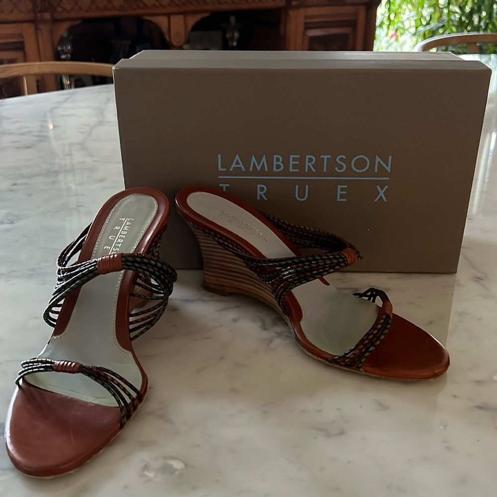 Lambertson Truex Junji Cognac Calf Wedge Sandals Size 37.5